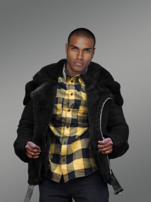 Black Suede Finish Biker Shearling Jacket For Men