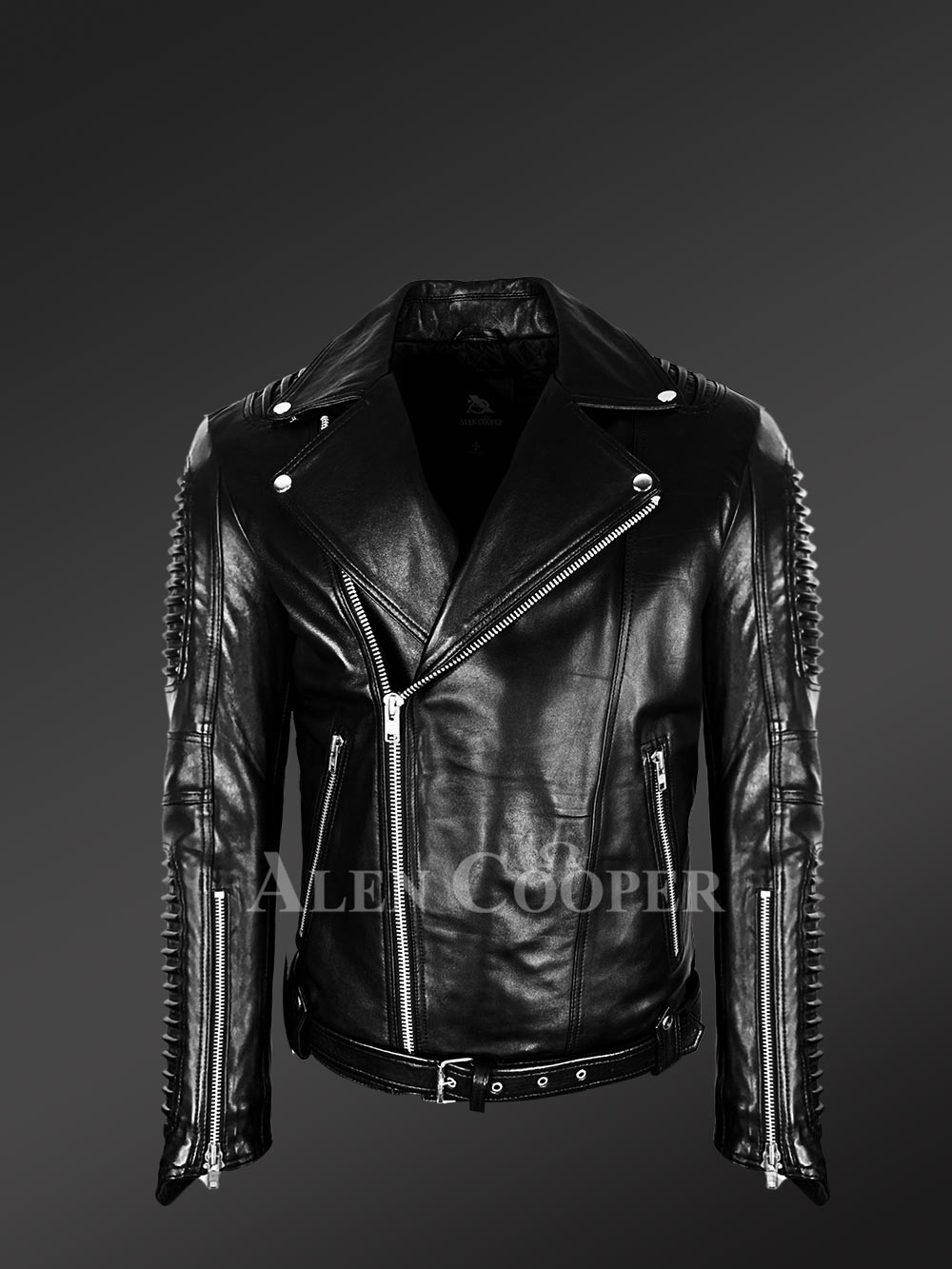 Chic authentic leather jacket with belt for stylish men