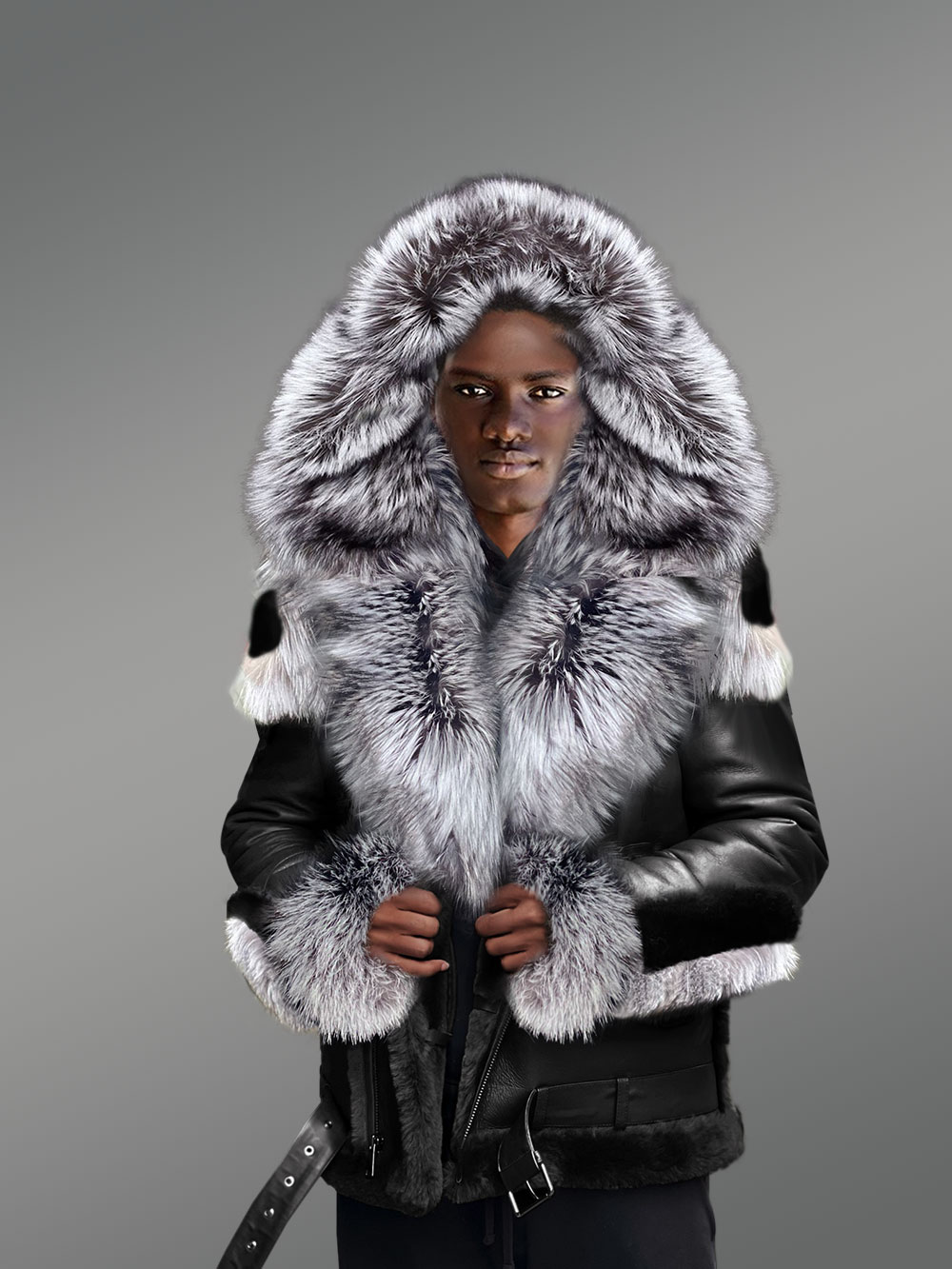 Sheepskin Men Coat in Grey  Shearling Jacket with fox fur