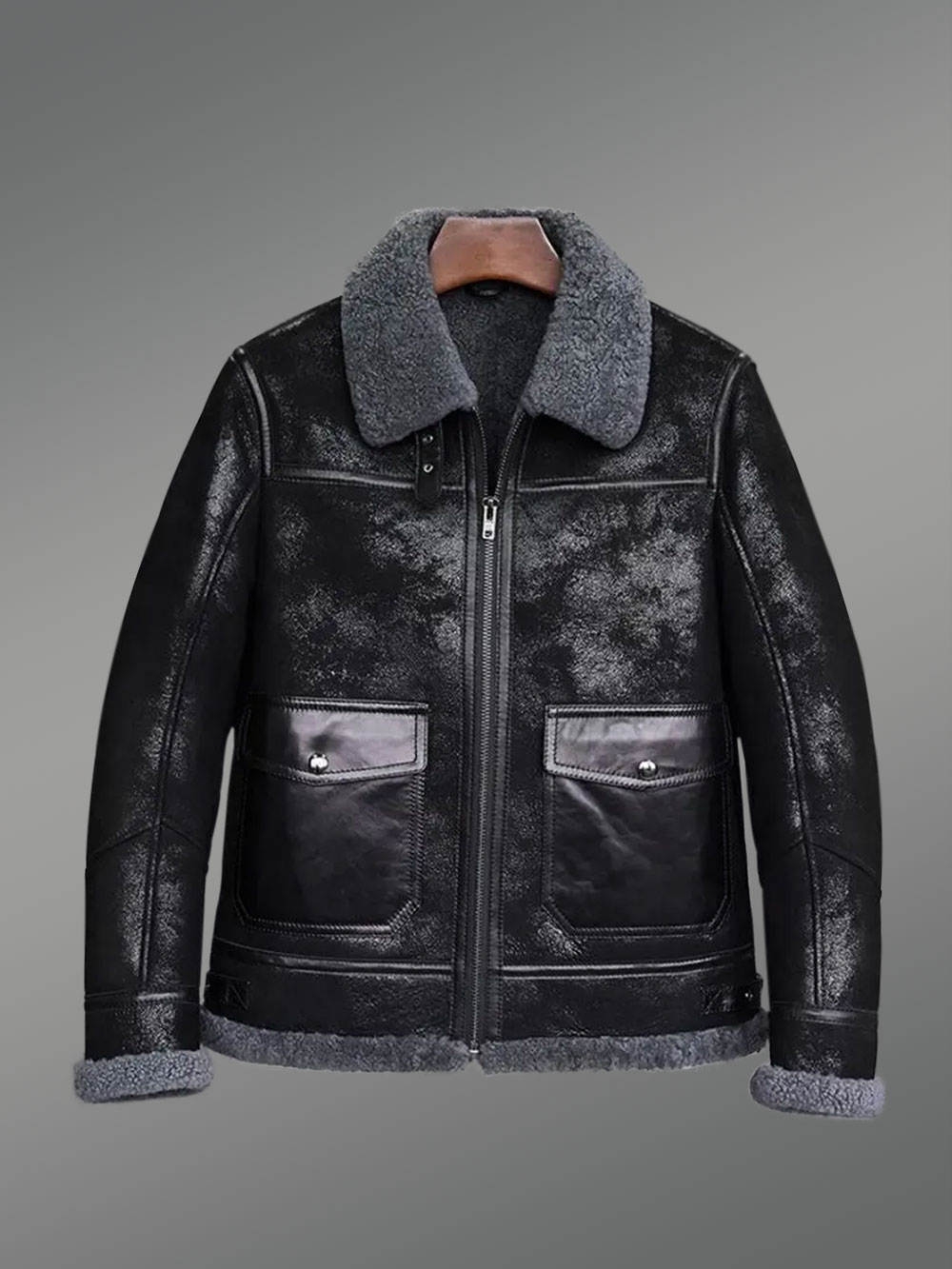 Distressed suede finish black shearling jacket for men