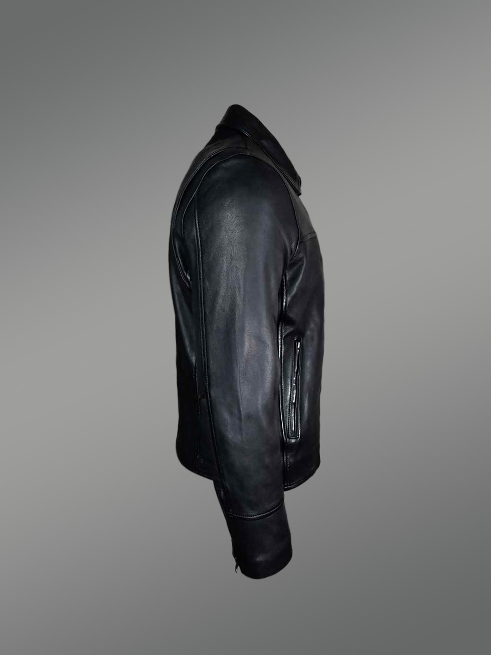 Men’s Black Leather Jacket with Firm Stand Collar