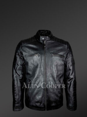 Men’s Stylish Moto Biker Leather Jacket With Quilted Shoulders And Sleeves