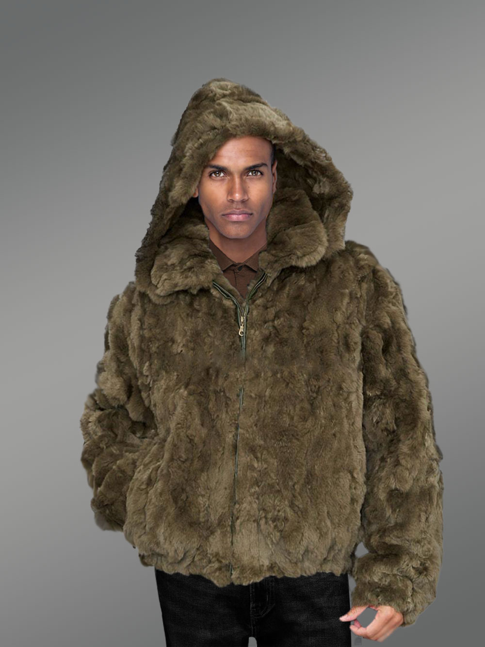 Men’s silky Beaver fur mid-length winter coat with protective collar