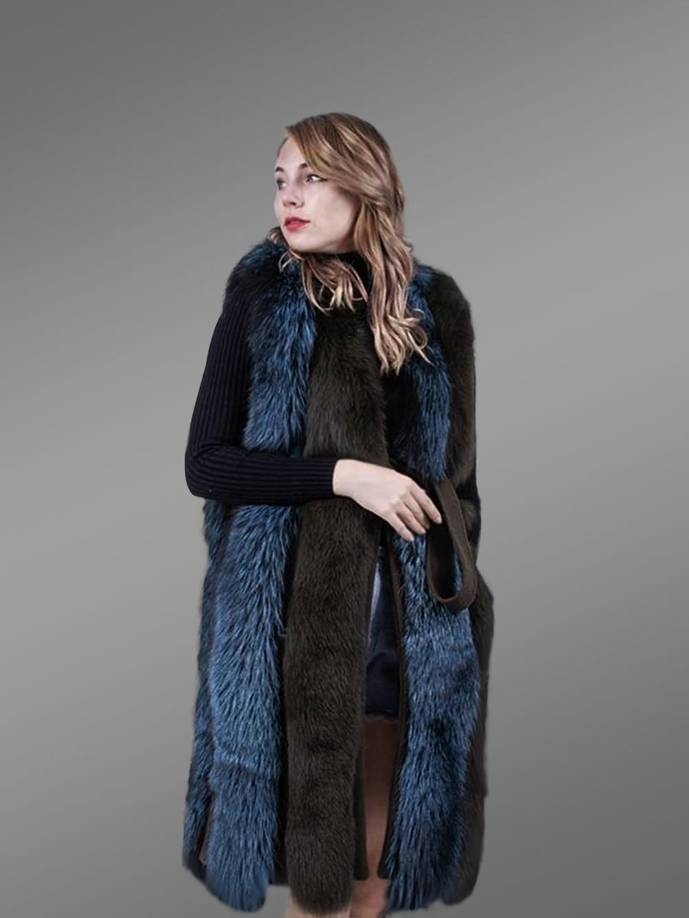 Bi-color real fox fur dream warm long winter outerwear for