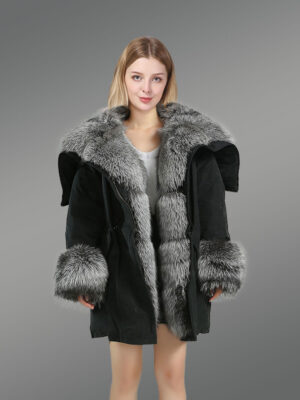 Black shell silver fur hooded warm winter parka for women