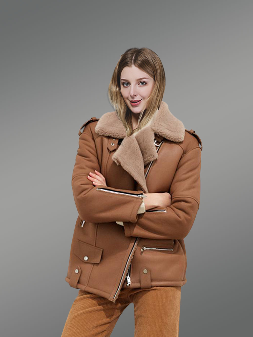 Brown Suede Finish Sheepskin Shearling Jacket for Women