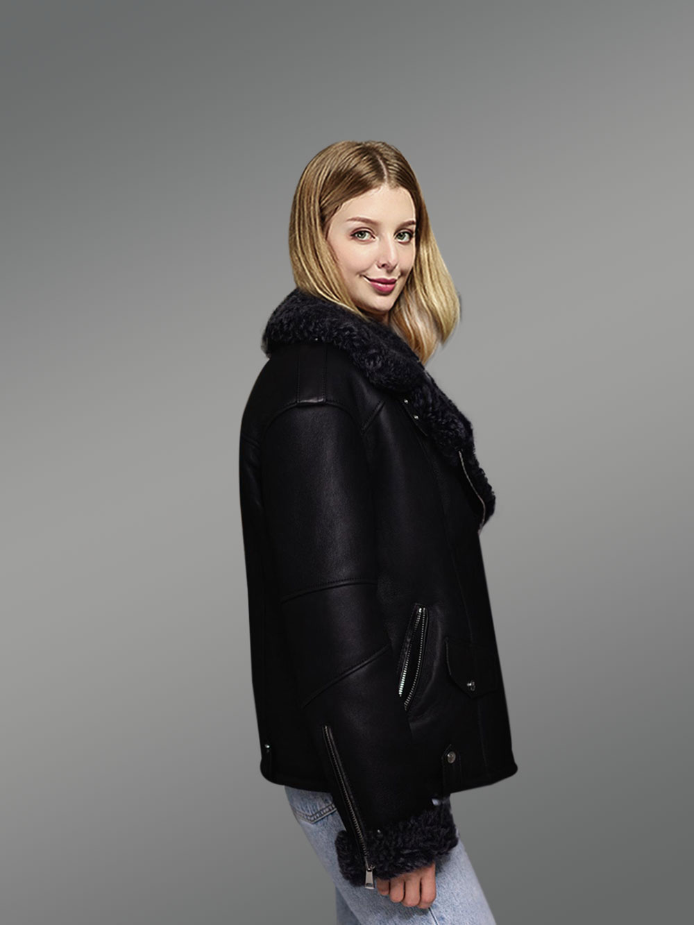 Sheepskin Shearling Jacket for Women in Black Wool