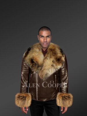 Genuine leather jackets in coffee with detachable fur collar and handcuffs