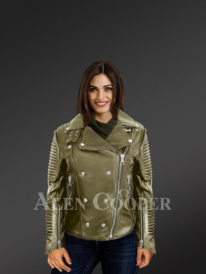 Leather Moto jackets for women in Olive