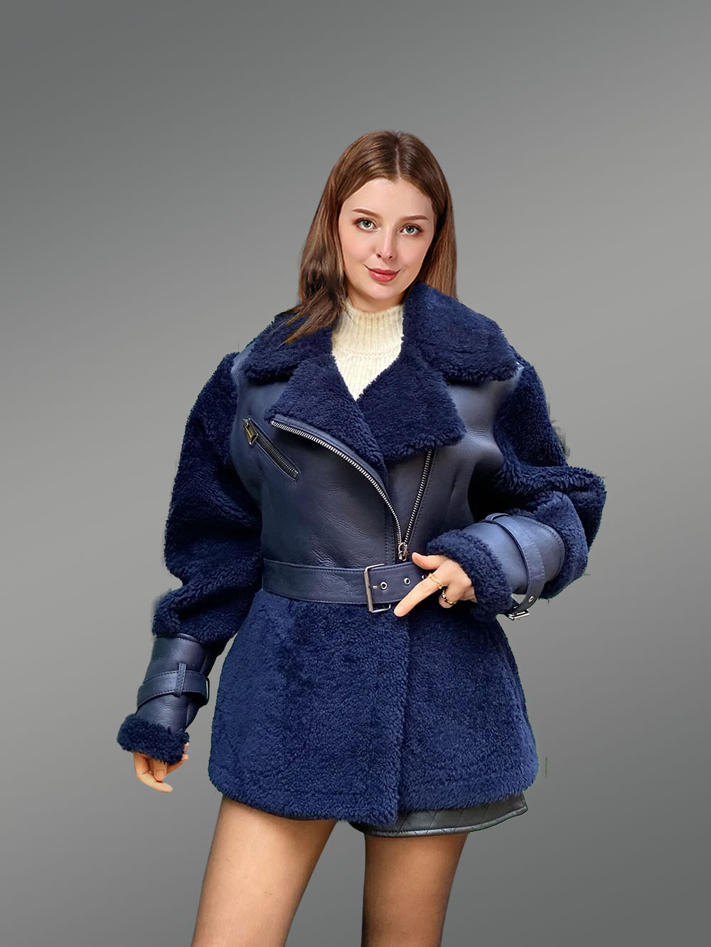 Sheepskin Military Jacket in Royal Blue for Women