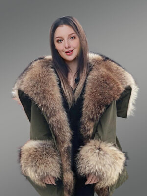 Stylish olive parka with extra large raccoon fur hood