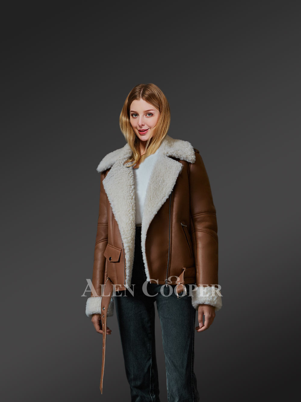 Tan Brown Sheepskin Shearling Jacket For Women