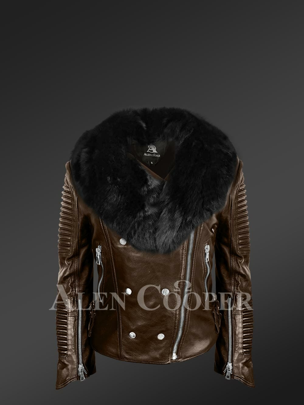 Women’s Plush Coffee Biker Leather Jacket Decked with Black Fox Fur Collar