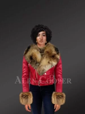 Womens-authentic-leather-jackets-in-burgundy-with-removable-fur-collar-and-handcuffs-model