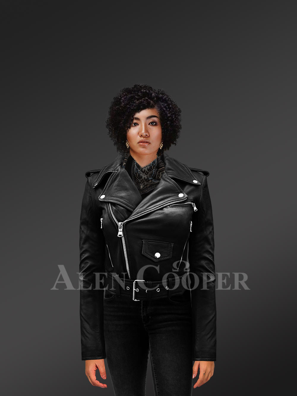 Women’s short length real leather black biker jacket