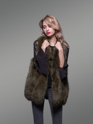 Women’s super stylish and unique real fox fur winter vest in rich olive