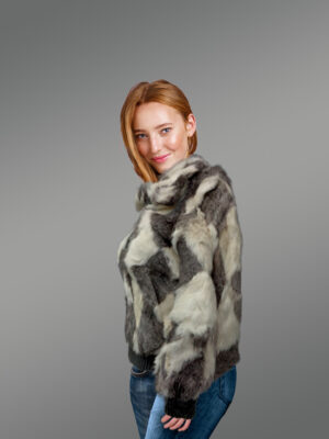 Geometric Rabbit Fur Bomber for Women side view