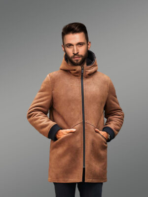 Mens Shearling Coat Long Fur Jacket with Hooded