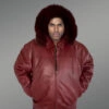 Mens Leather Bomber Jacket with Hood in Wine