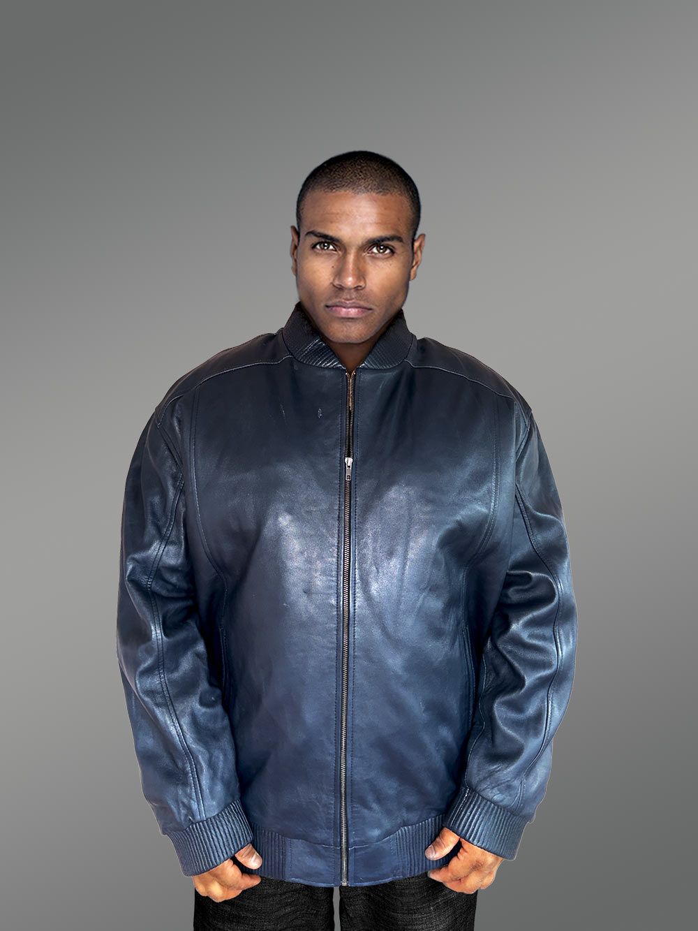 Mens baseball Leather Bomber Jacket in Navy