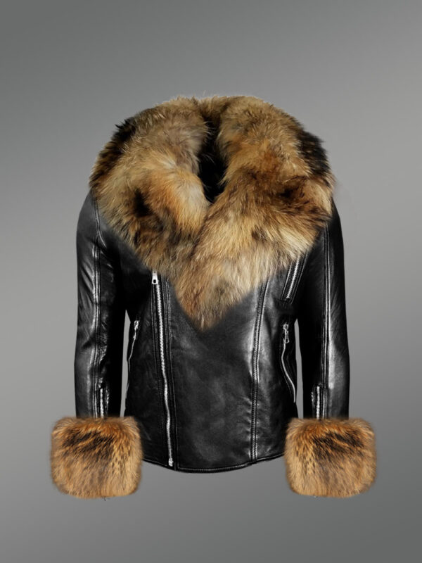 Black Leather Biker Jacket with Fur Details on Cuffs and Collar - Image 3