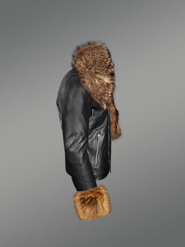 Black Leather Biker Jacket with Fur Details on Cuffs and Collar - Image 5