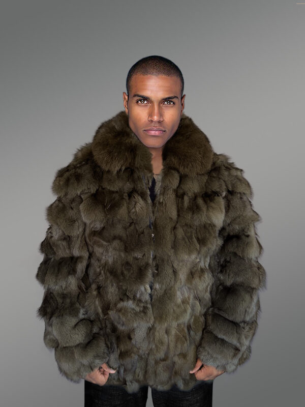 Mens Olive Green Bomber of Fox Fur – Spectacular Outfit for Grand Events - Image 3