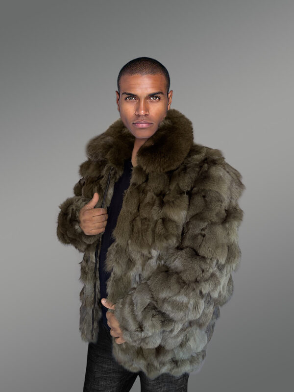 Mens Olive Green Bomber of Fox Fur – Spectacular Outfit for Grand Events - Image 4