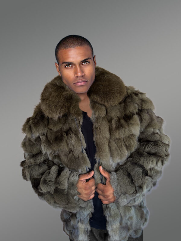 Mens Olive Green Bomber of Fox Fur – Spectacular Outfit for Grand Events - Image 7