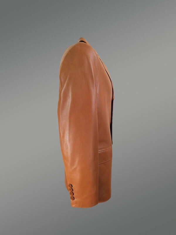 Mens Tan Leather Blazer with Notched Lapel – Versatile Outfit for Different Purposes - Image 2