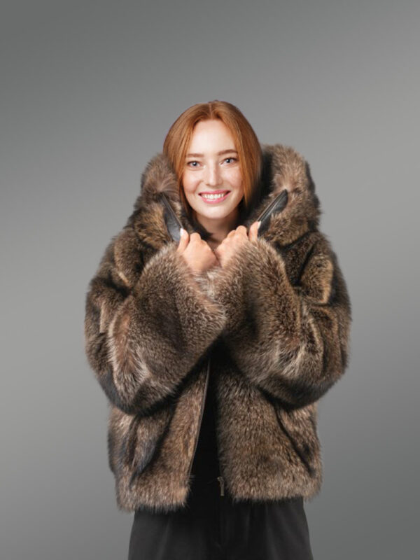 Women’s Natural Rabbit Fur Bomber with Hood