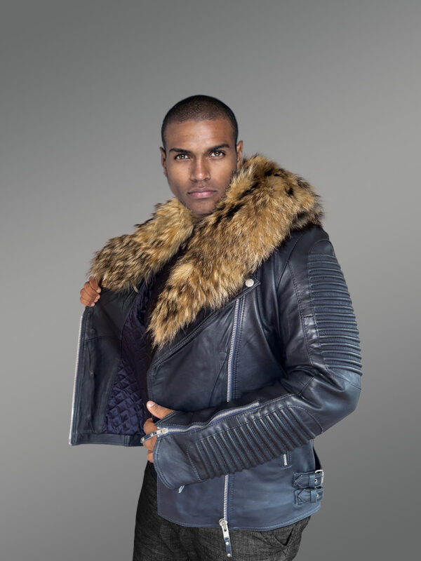 Mens Biker Jacket with Raccoon Collar Exuding Regal Warmth and Comfort - Image 3