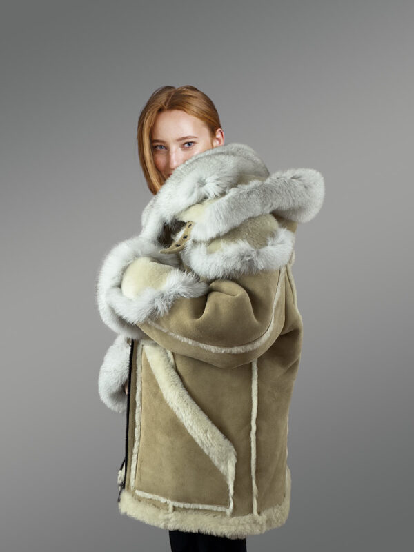 Womens Shearling Jacket with Fox Fur Accent and Detachable Hood - Image 2