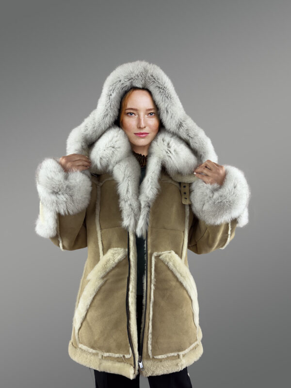 Womens Shearling Jacket with Fox Fur Accent and Detachable Hood - Image 3