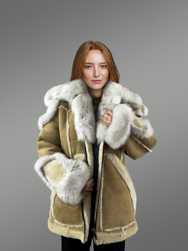 Womens Shearling Jacket with Fox Fur Accent and Detachable Hood