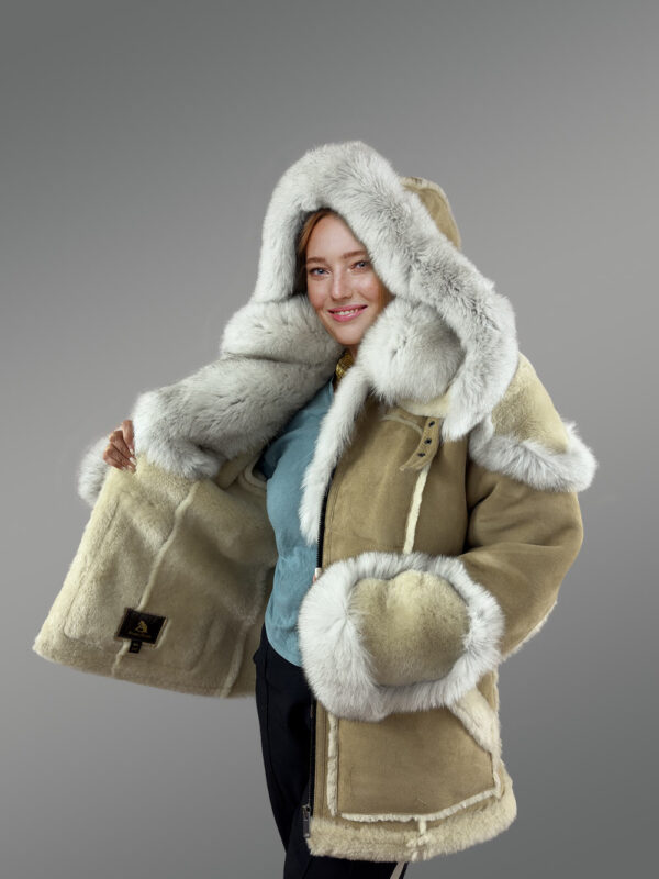 Womens Shearling Jacket with Fox Fur Accent and Detachable Hood - Image 5