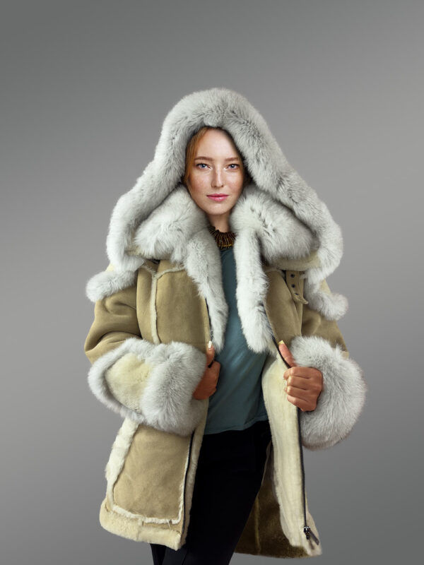 Womens Shearling Jacket with Fox Fur Accent and Detachable Hood - Image 6