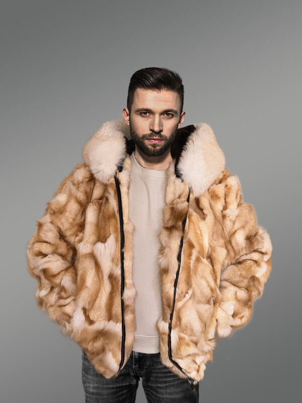 Mens Golden Fox Fur Bomber Jacket for an Exquisite Presence