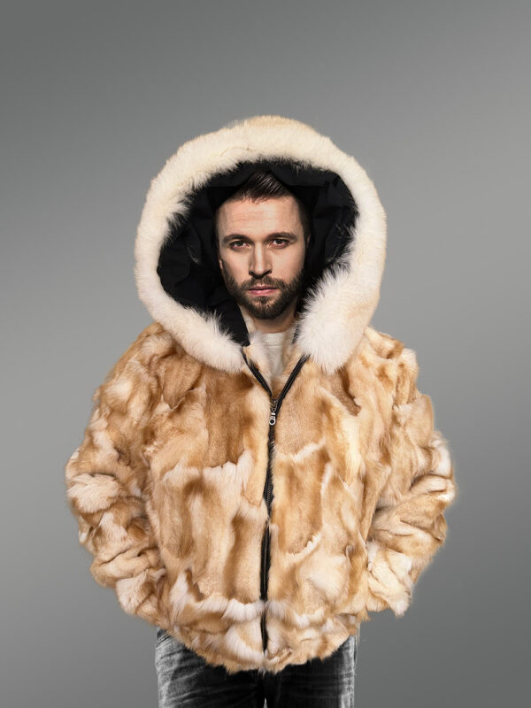 Mens Golden Fox Fur Bomber Jacket for an Exquisite Presence - Image 3